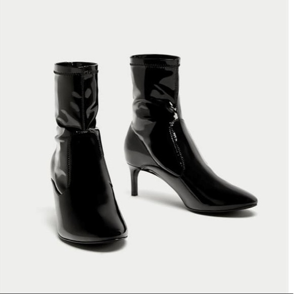 Zara Shoes - Zara Black Mid Heel Faux Patent Ankle Booties